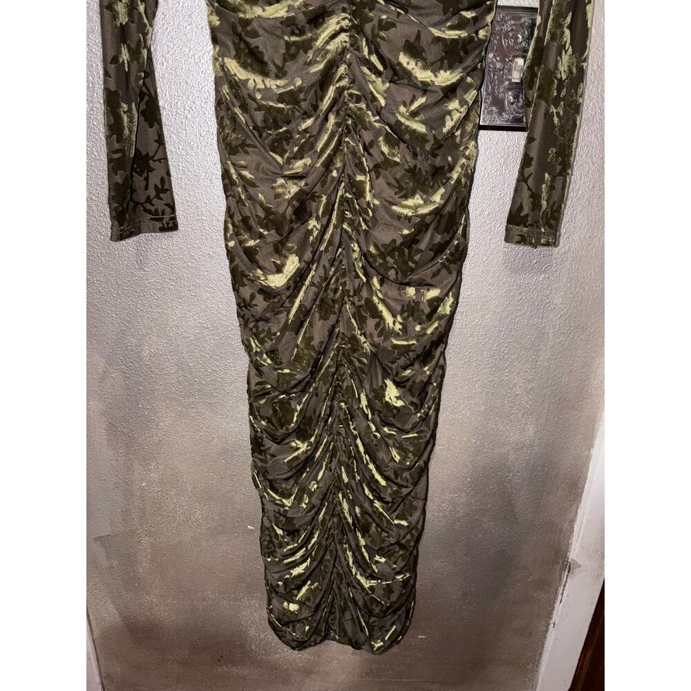 Belle Badgley Mischka Kendall Olive Velvet Burnout Ruched Midi Dress NWT Size 10 - Picture 8 of 9